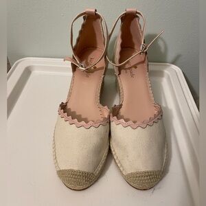 Kate Spade Cream Canvas Espadrille Wedges Scalloped Leather Trim Braided Heel